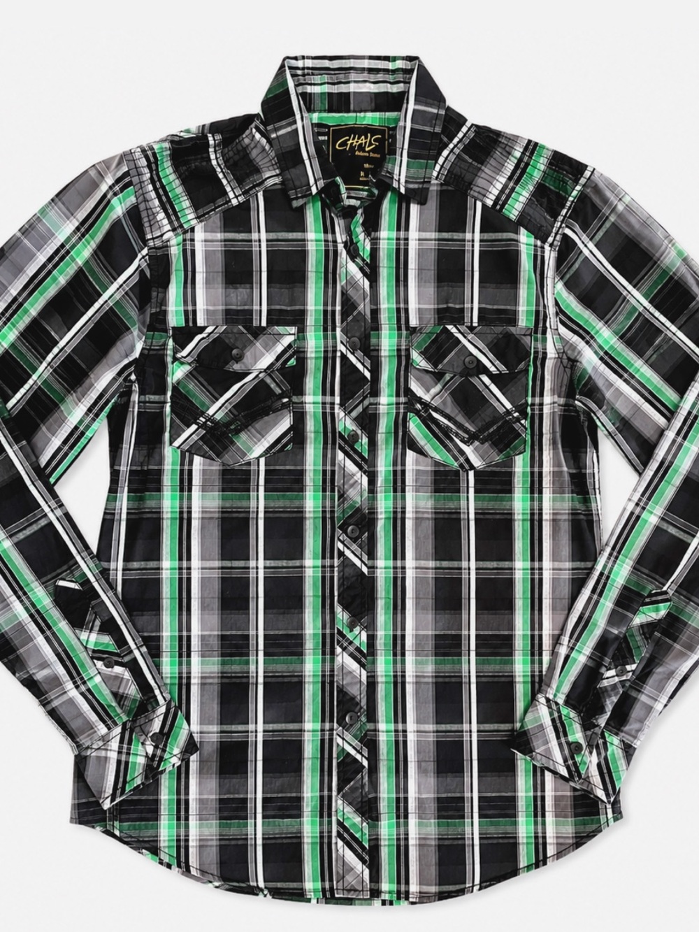 Men's Plaid Button Up Shirt Medium Black Green Gray Long Sleeve Grunge Chalc
